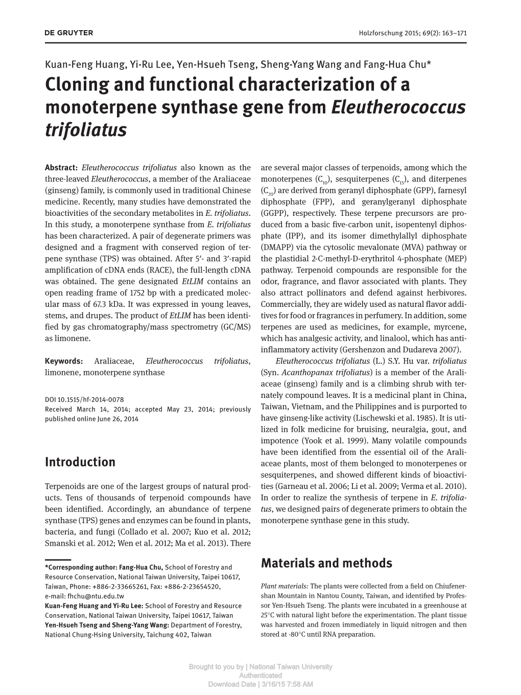 Cloning and Functional Characterization of a Monoterpene Synthase Gene from Eleutherococcus Trifoliatus