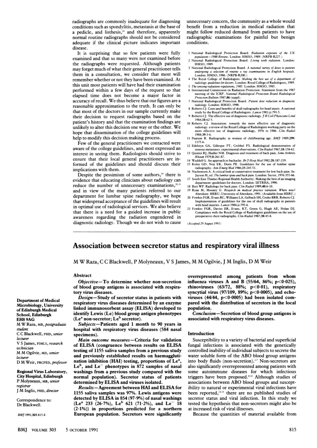 Association Between Secretor Status and Respiratory Viral Illness