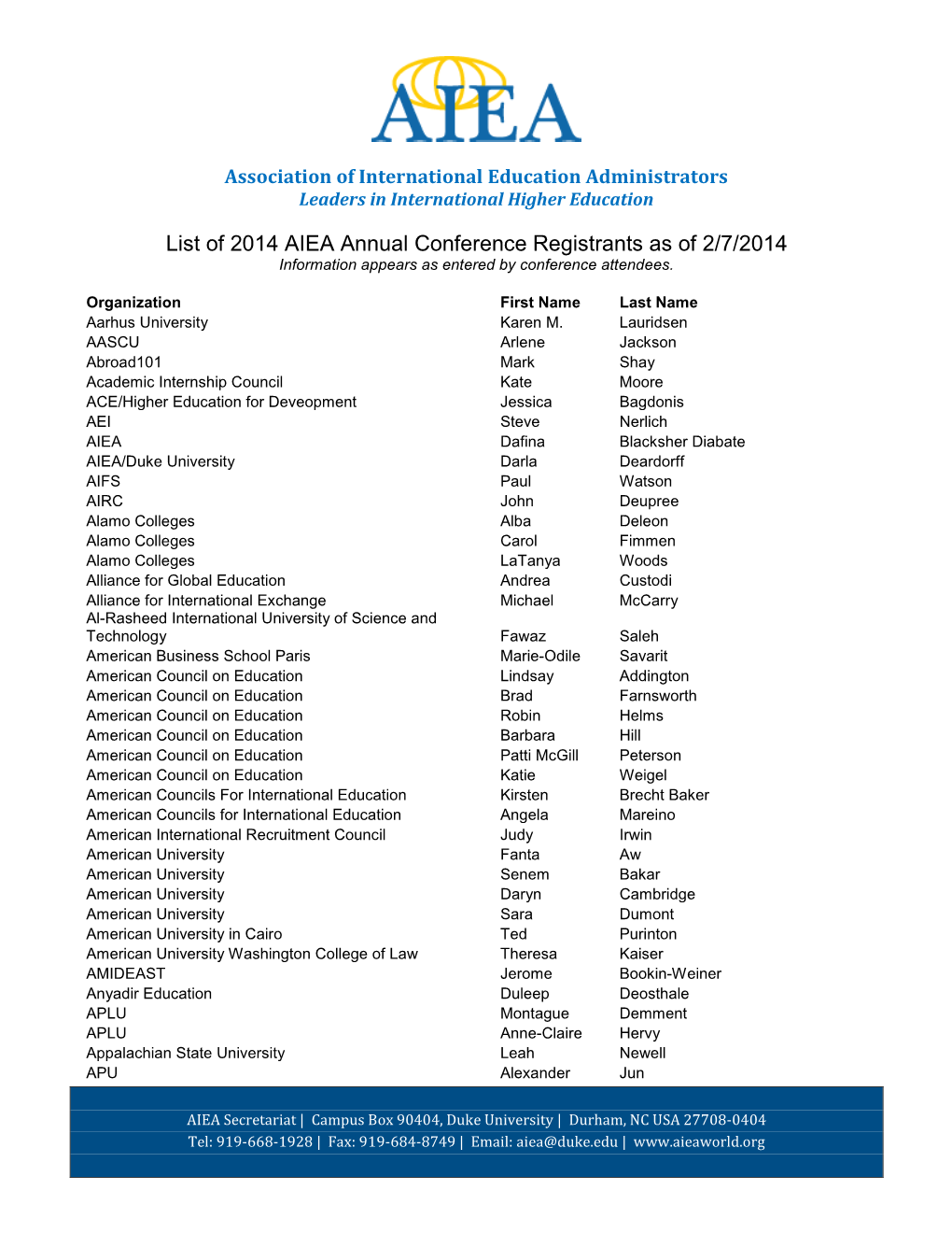List of 2014 AIEA Annual Conference Registrants As of 2/7/2014 Information Appears As Entered by Conference Attendees