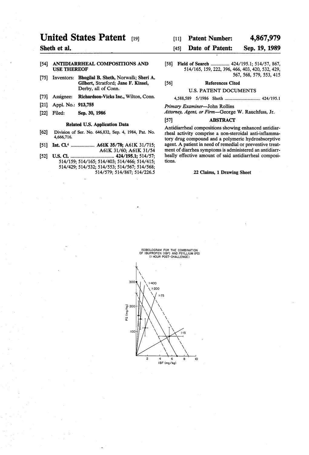 United States Patent (19) 11 Patent Number: 4,867,979 Sheth Et Al