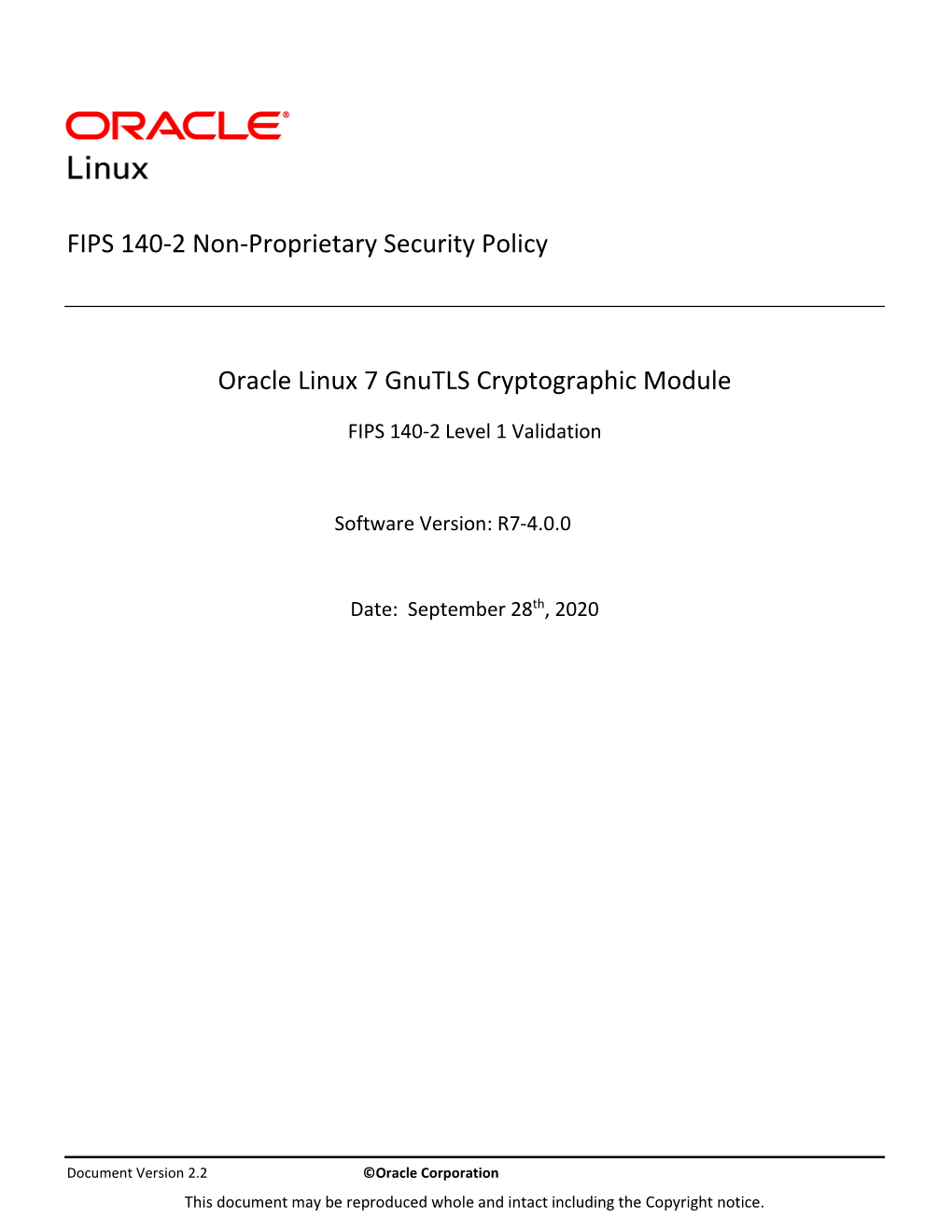 FIPS 140-2 Non-Proprietary Security Policy Oracle Linux 7 Gnutls