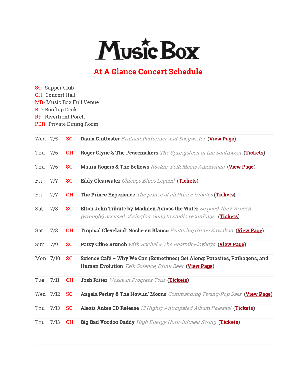 At a Glance Concert Schedule