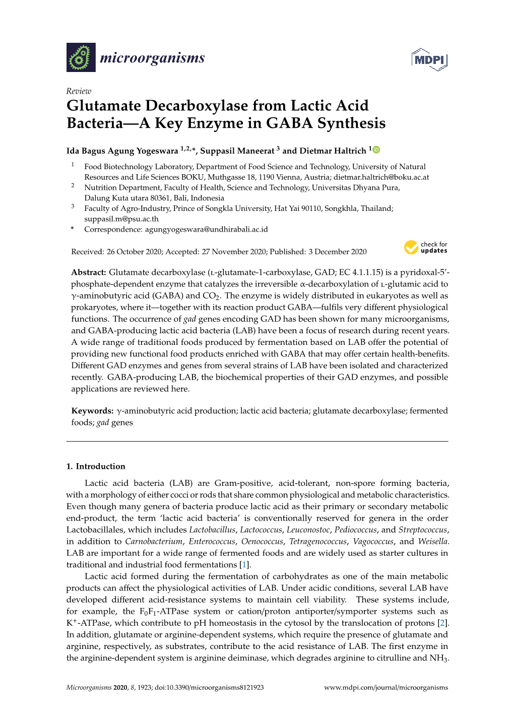 Glutamate Decarboxylase from Lactic Acid Bacteria—A Key Enzyme in GABA Synthesis