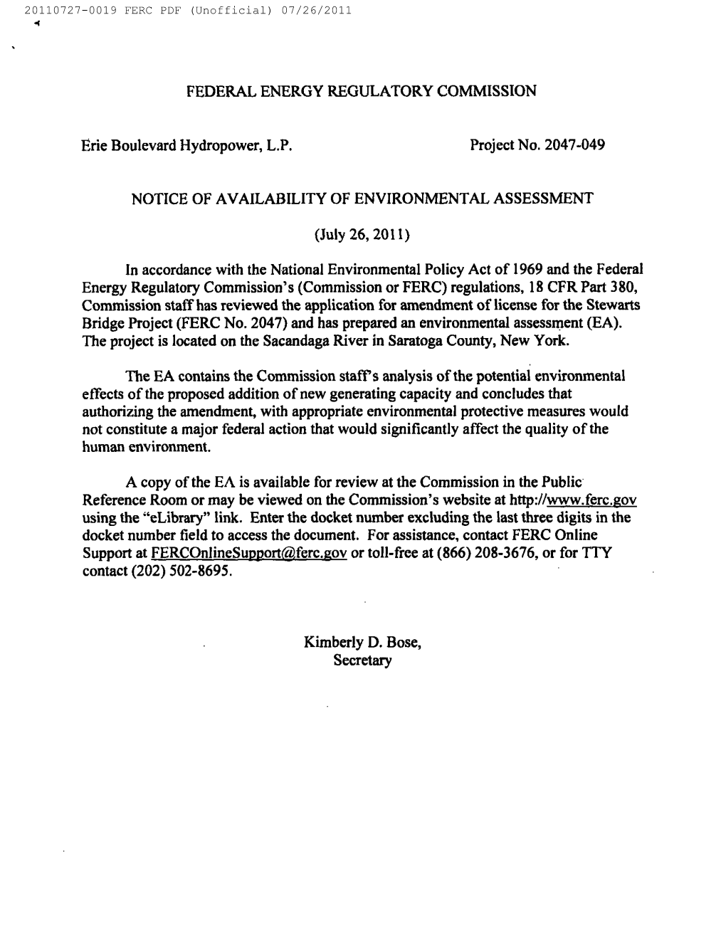 Stewarts Bridge 2011 FERC Environmental Assessment