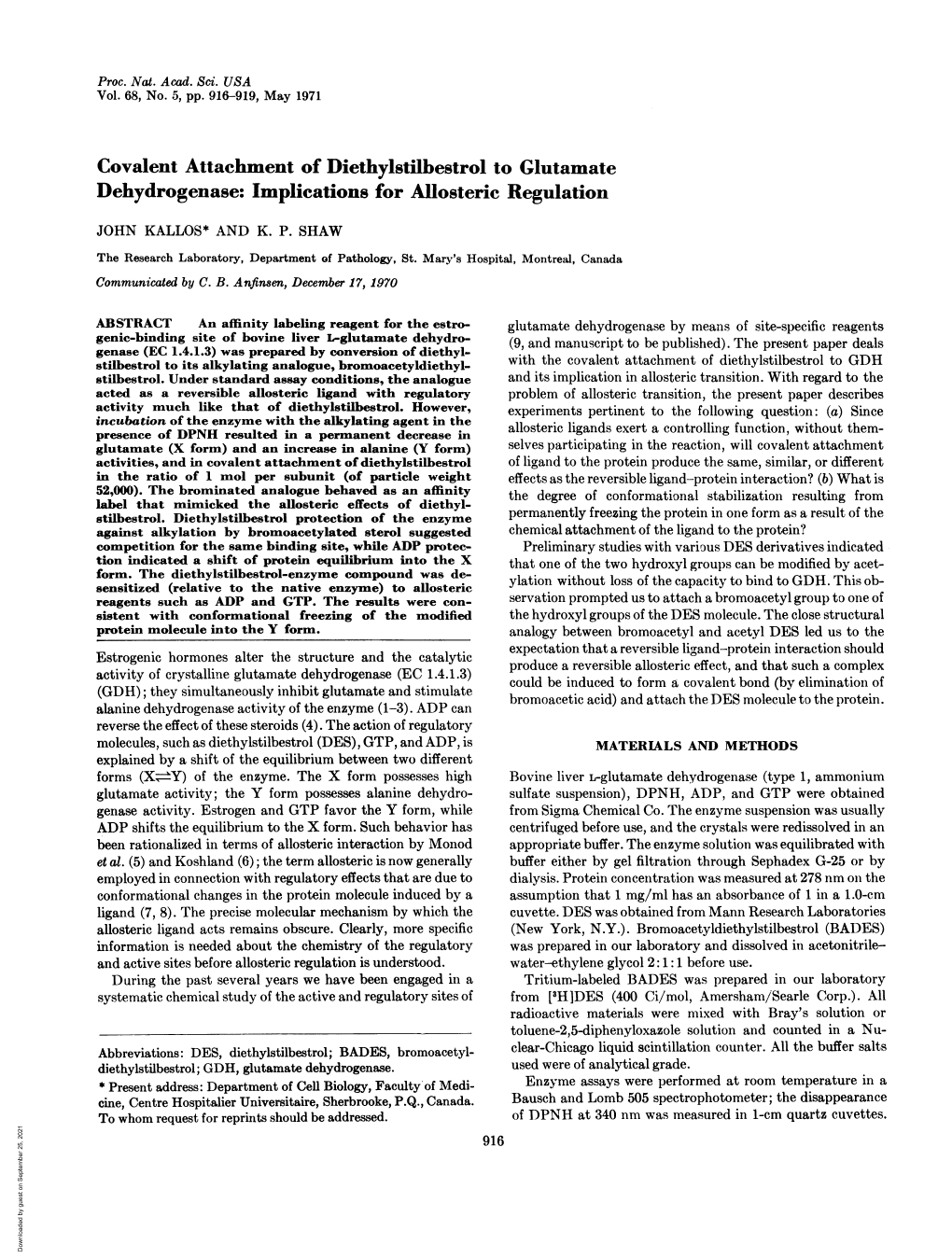 Covalent Attachment of Diethylstilbestrol to Glutamate Dehydrogenase: Implications for Allosteric Regulation