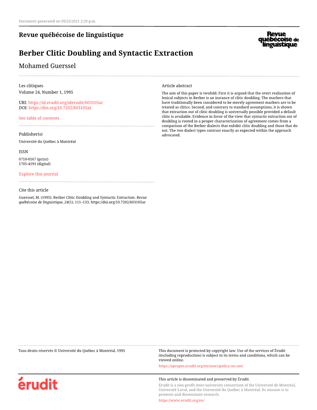 Berber Clitic Doubling and Syntactic Extraction Mohamed Guerssel