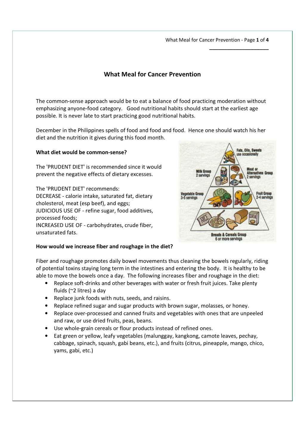 What Meal for Cancer Prevention - Page 1 of 4 ______