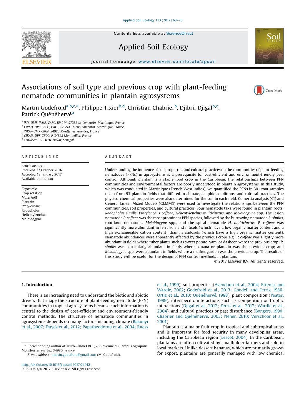 Associations of Soil Type and Previous Crop with Plant-Feeding Nematode Communities in Plantain Agrosystems