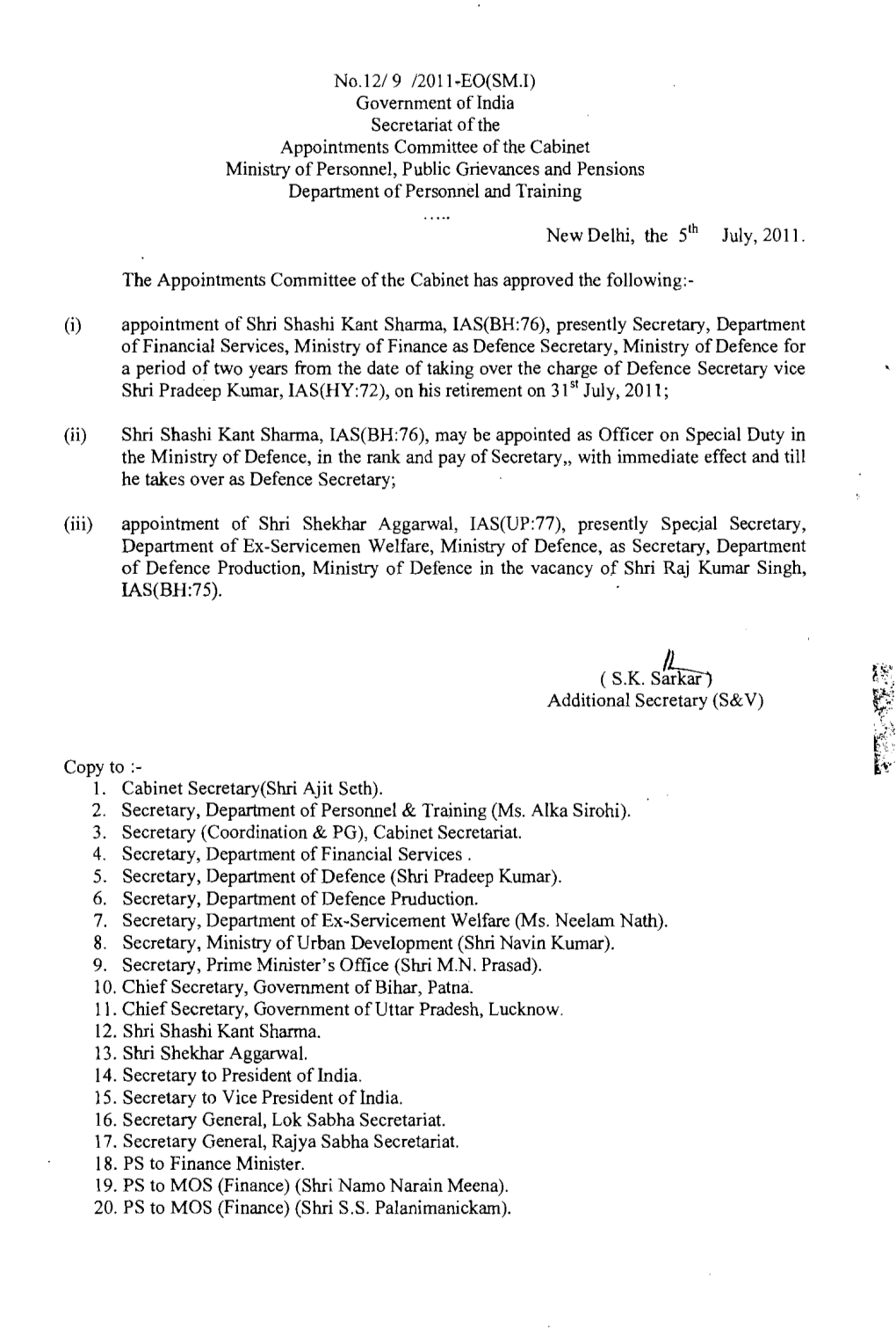 Govemment of India Secretariat of the Appointments Committee of the Cabinet Ministry of Personnel, Publi