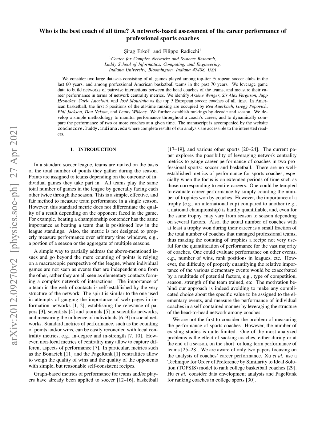 Arxiv:2012.09270V2 [Physics.Soc-Ph] 27 Apr 2021 the End of a Season, on the Short- Or Long-Term Performance of Ferent Aspects of Performance [7]