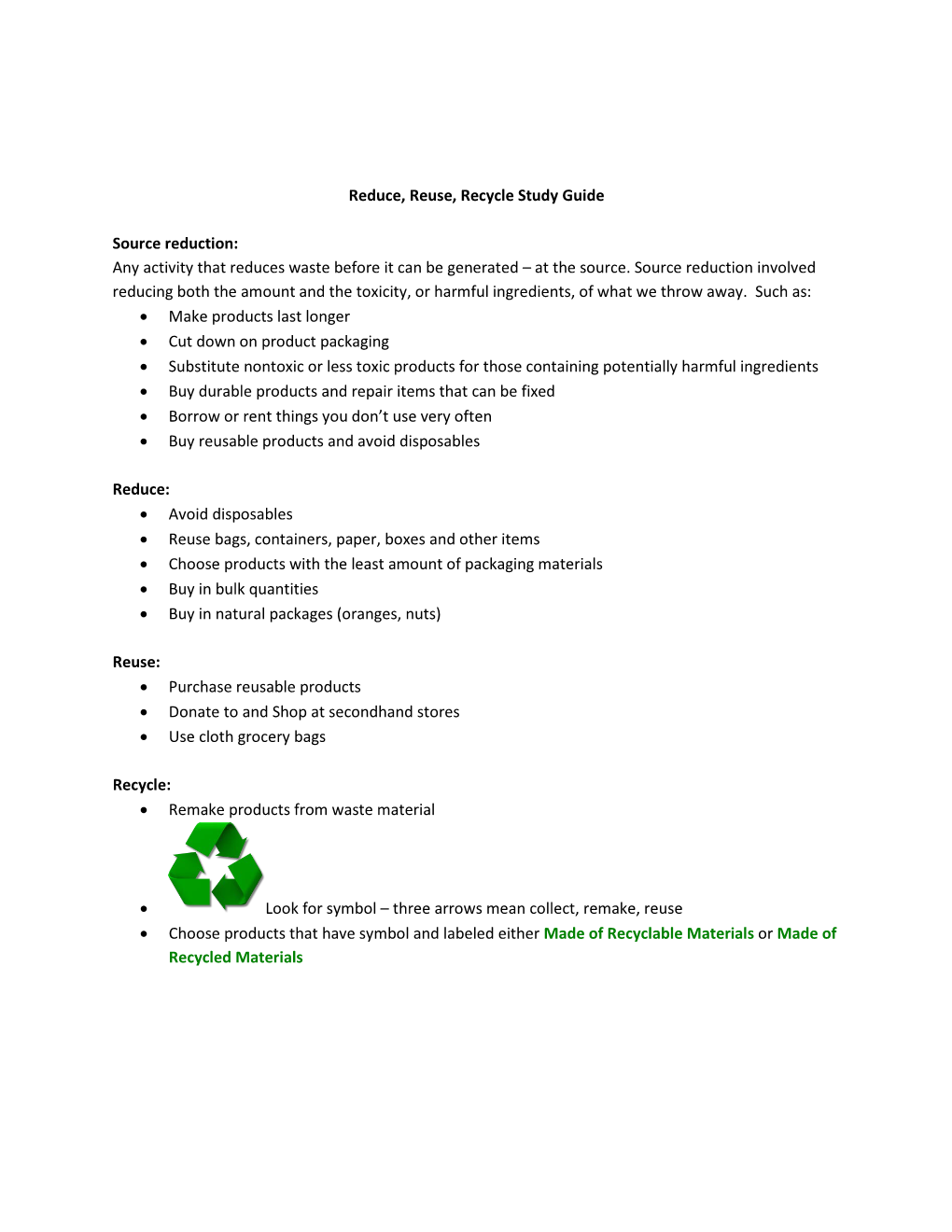 Reduce, Reuse, Recycle Study Guide Source Reduction