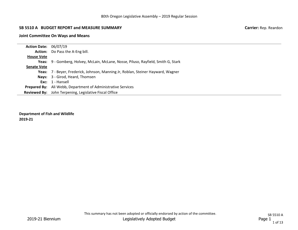 SB 5510 a BUDGET REPORT and MEASURE SUMMARY Joint Committee on Ways and Means