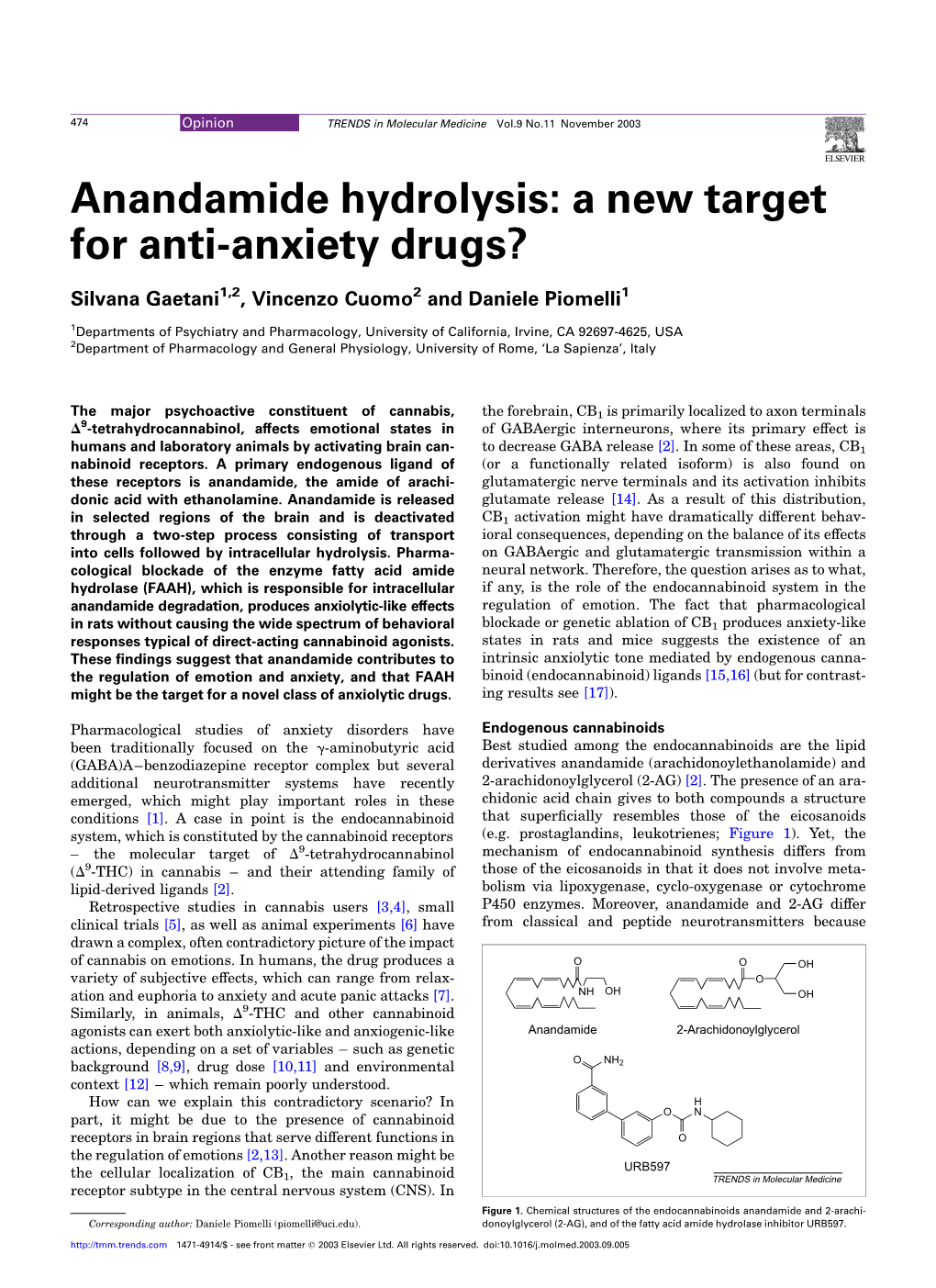 Anandamide Hydrolysis: a New Target for Anti-Anxiety Drugs?