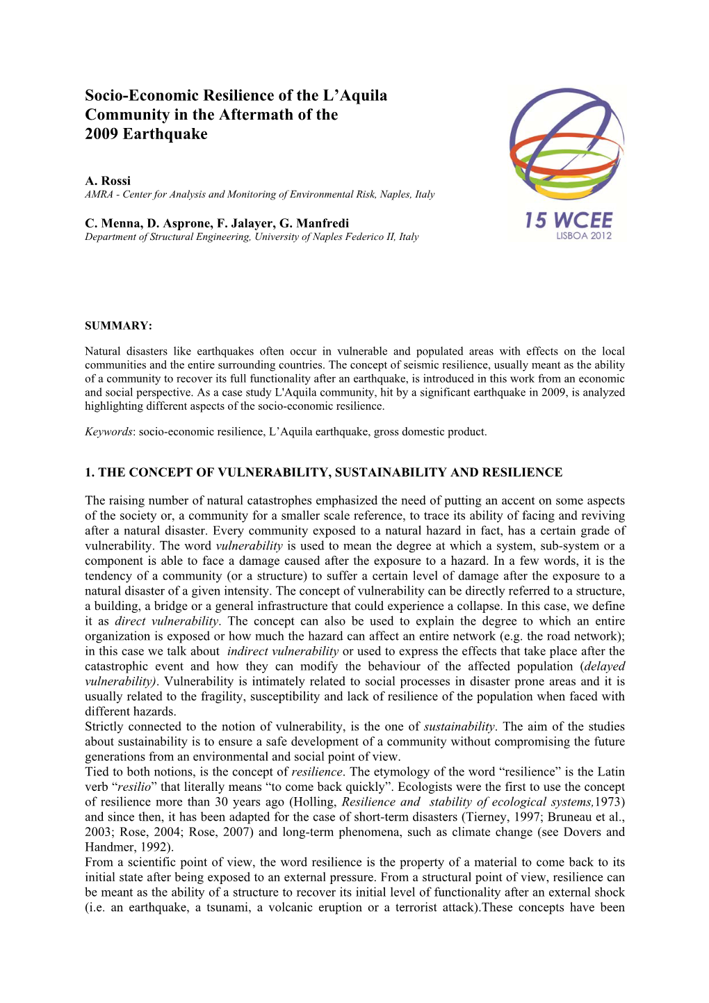 Socio-Economic Resilience of the L'aquila Community in The