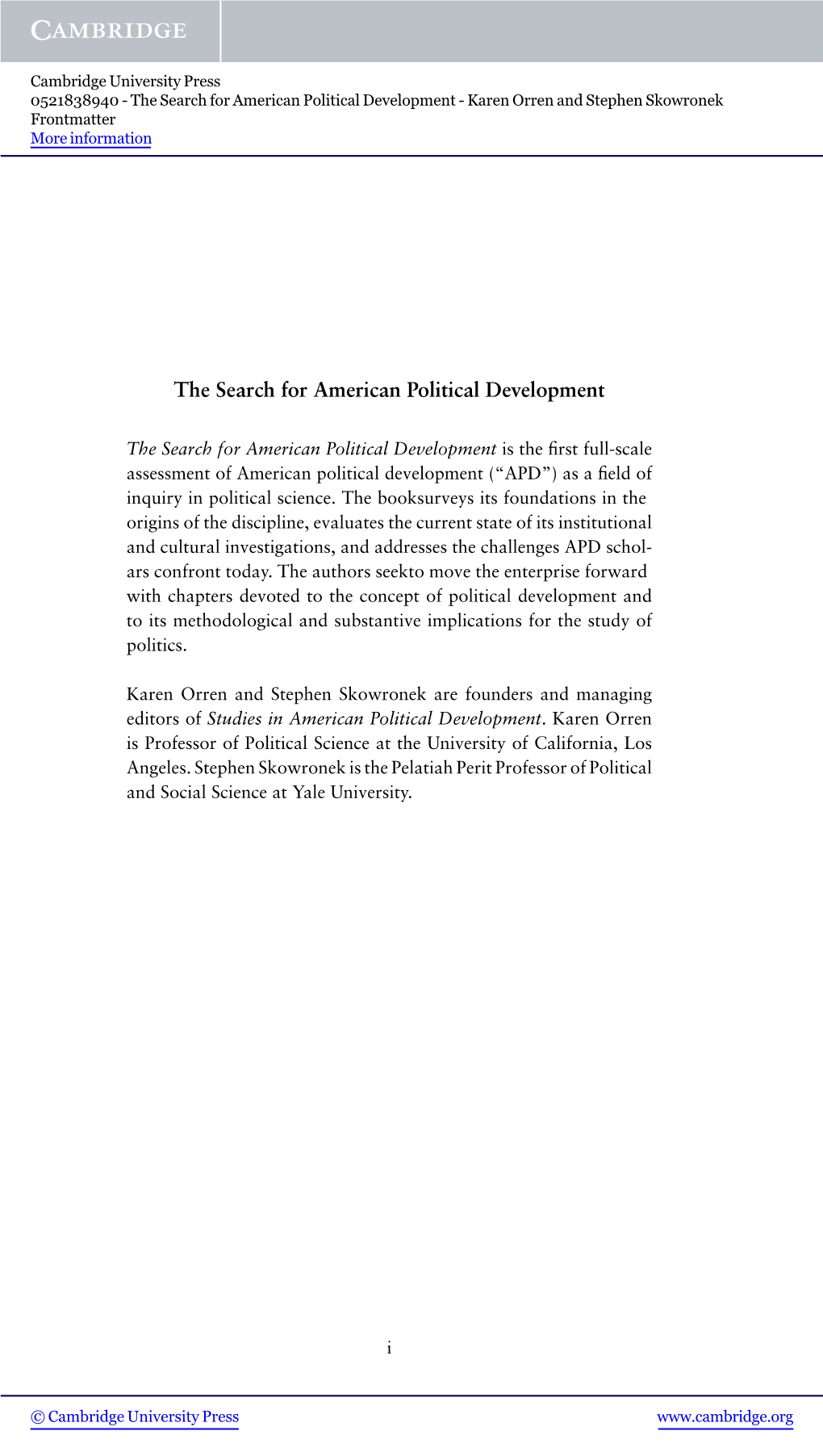 The Search for American Political Development - Karen Orren and Stephen Skowronek Frontmatter More Information