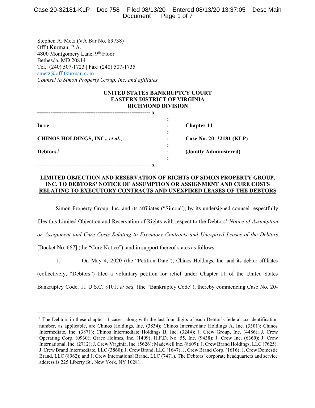 Case 20-32181-KLP Doc 758 Filed 08/13/20 Entered 08/13/20 13:37:05 Desc Main Document Page 1 of 7