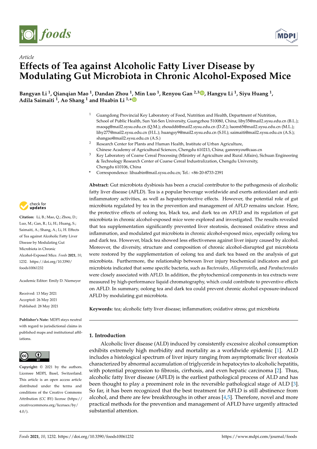 Effects of Tea Against Alcoholic Fatty Liver Disease by Modulating Gut Microbiota in Chronic Alcohol-Exposed Mice