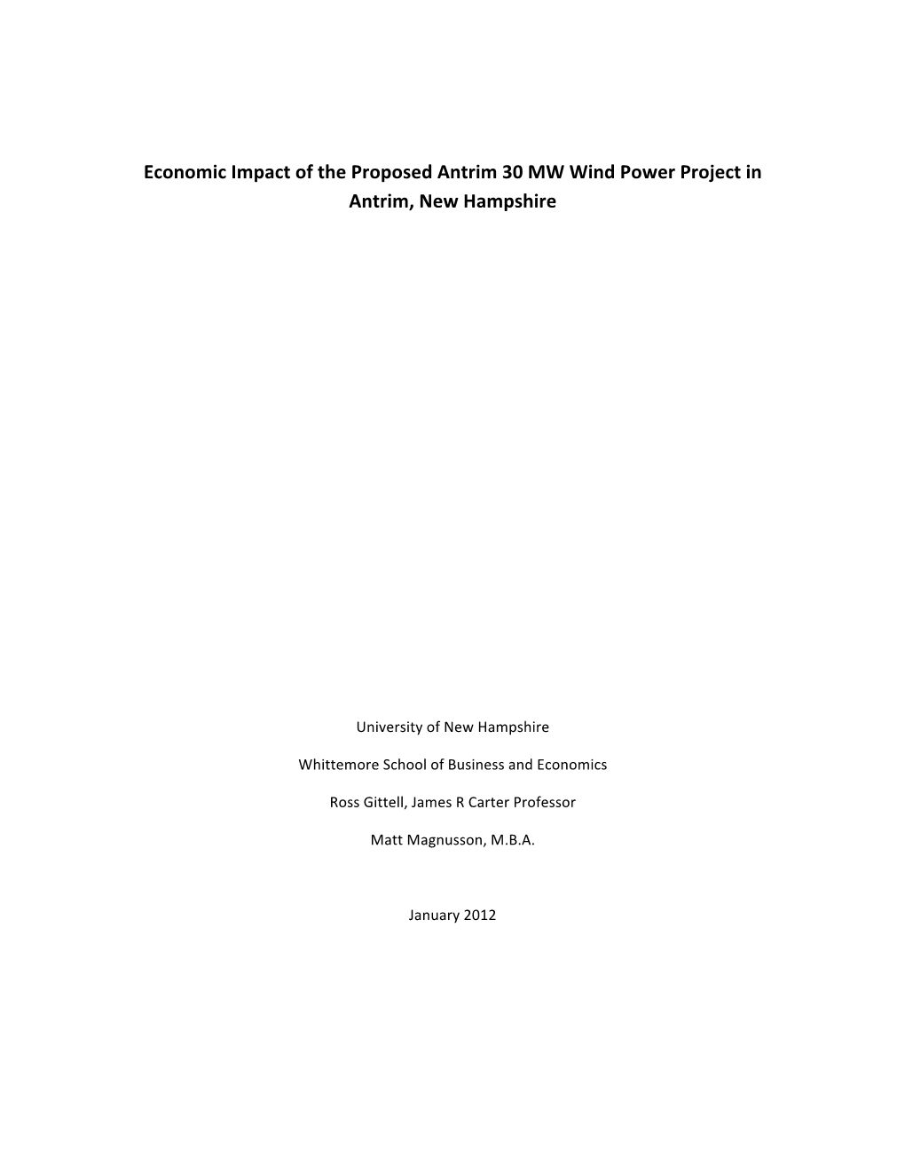 Economic Impact of the Proposed Antrim 30 MW Wind Power Project in Antrim, New Hampshire