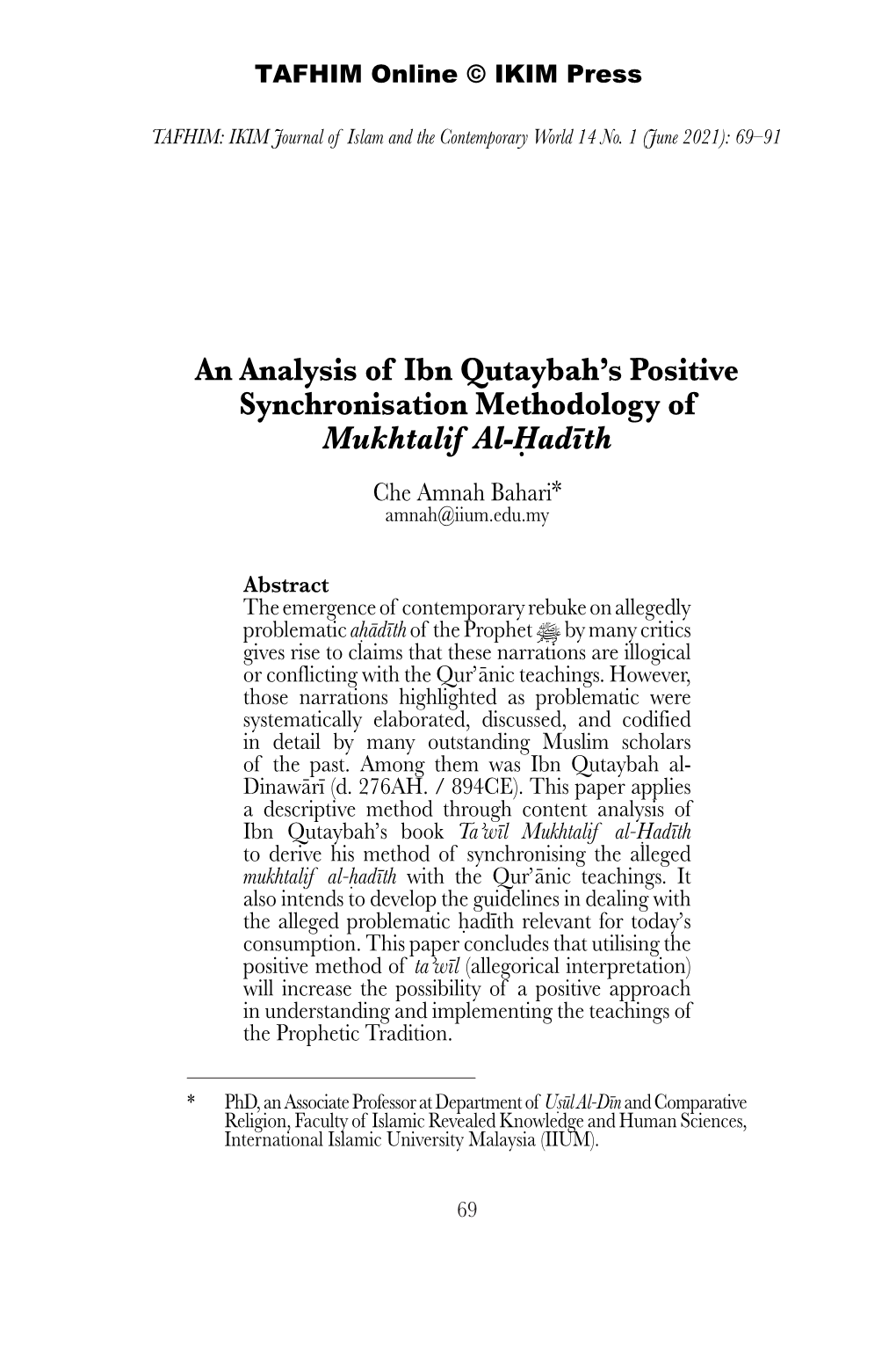 An Analysis of Ibn Qutaybah's Positive Synchronisation Methodology Of