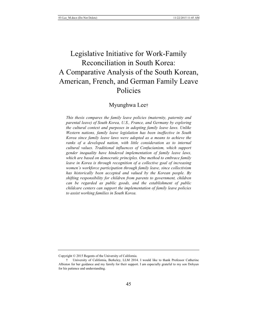 Legislative Initiative for Work-Family Reconciliation in South Korea: a Comparative Analysis of the South Korean, American, French, and German Family Leave Policies