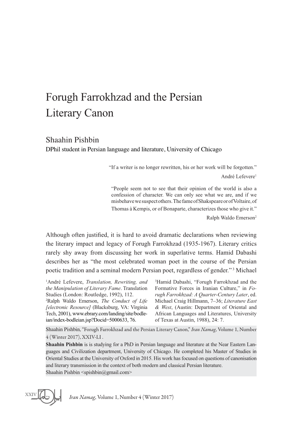 Forugh Farrokhzad and the Persian Literary Canon