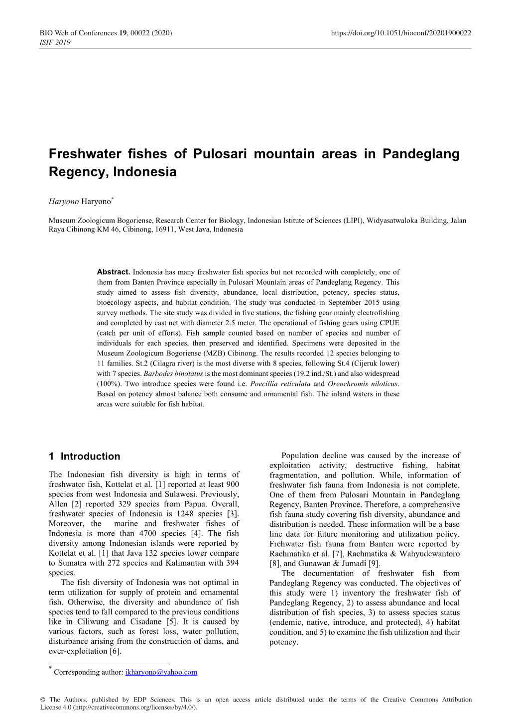 Freshwater Fishes of Pulosari Mountain Areas in Pandeglang Regency, Indonesia