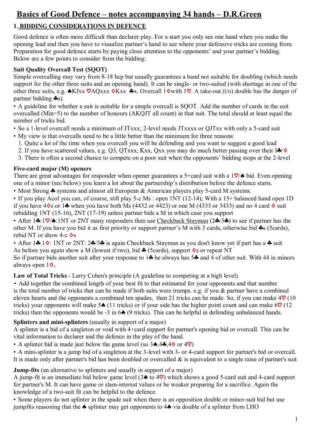 Basics of Good Defence – Notes Accompanying 34 Hands – D.R.Green