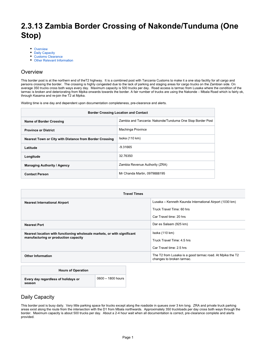2.3.13 Zambia Border Crossing of Nakonde/Tunduma (One Stop)
