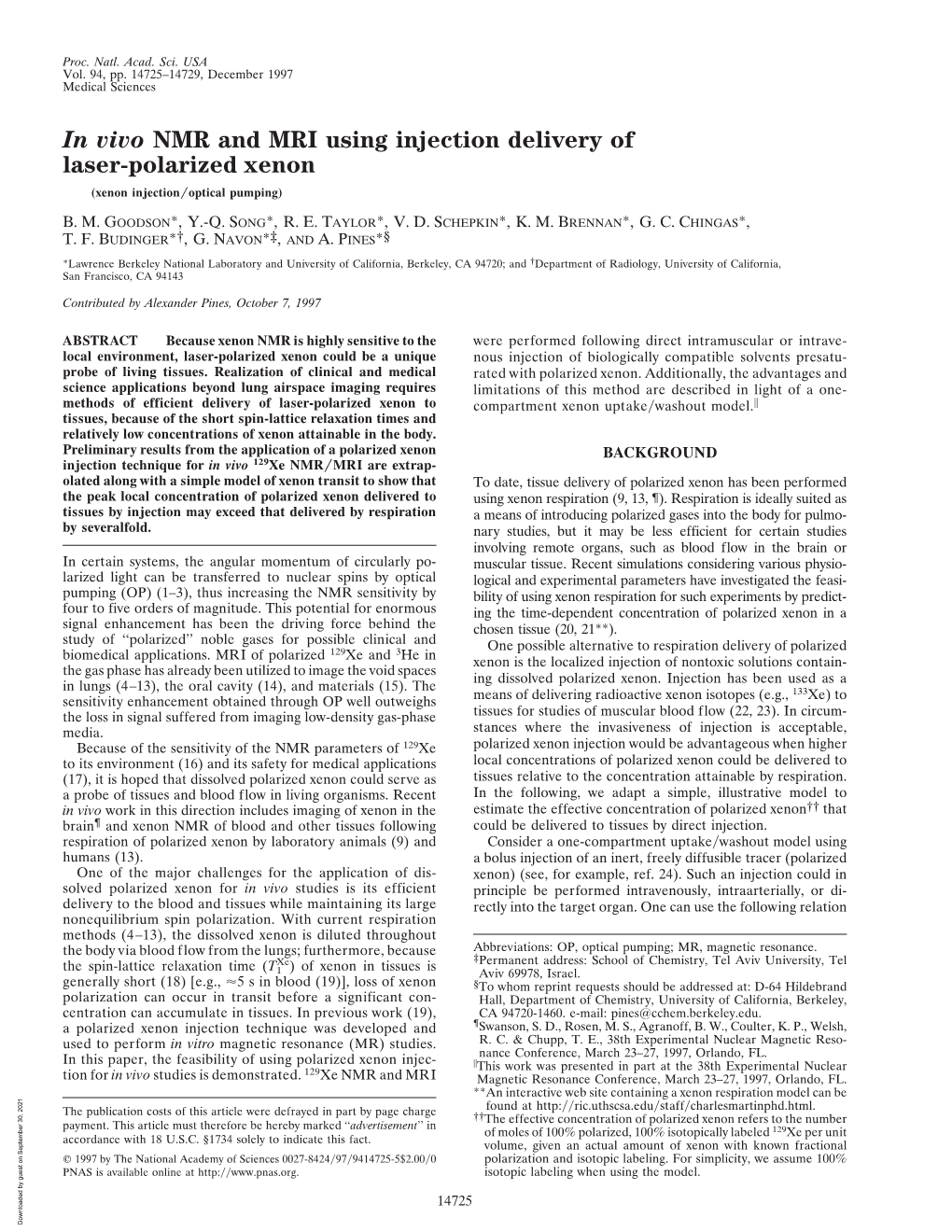 In Vivo NMR and MRI Using Injection Delivery of Laser-Polarized Xenon (Xenon Injection͞optical Pumping)