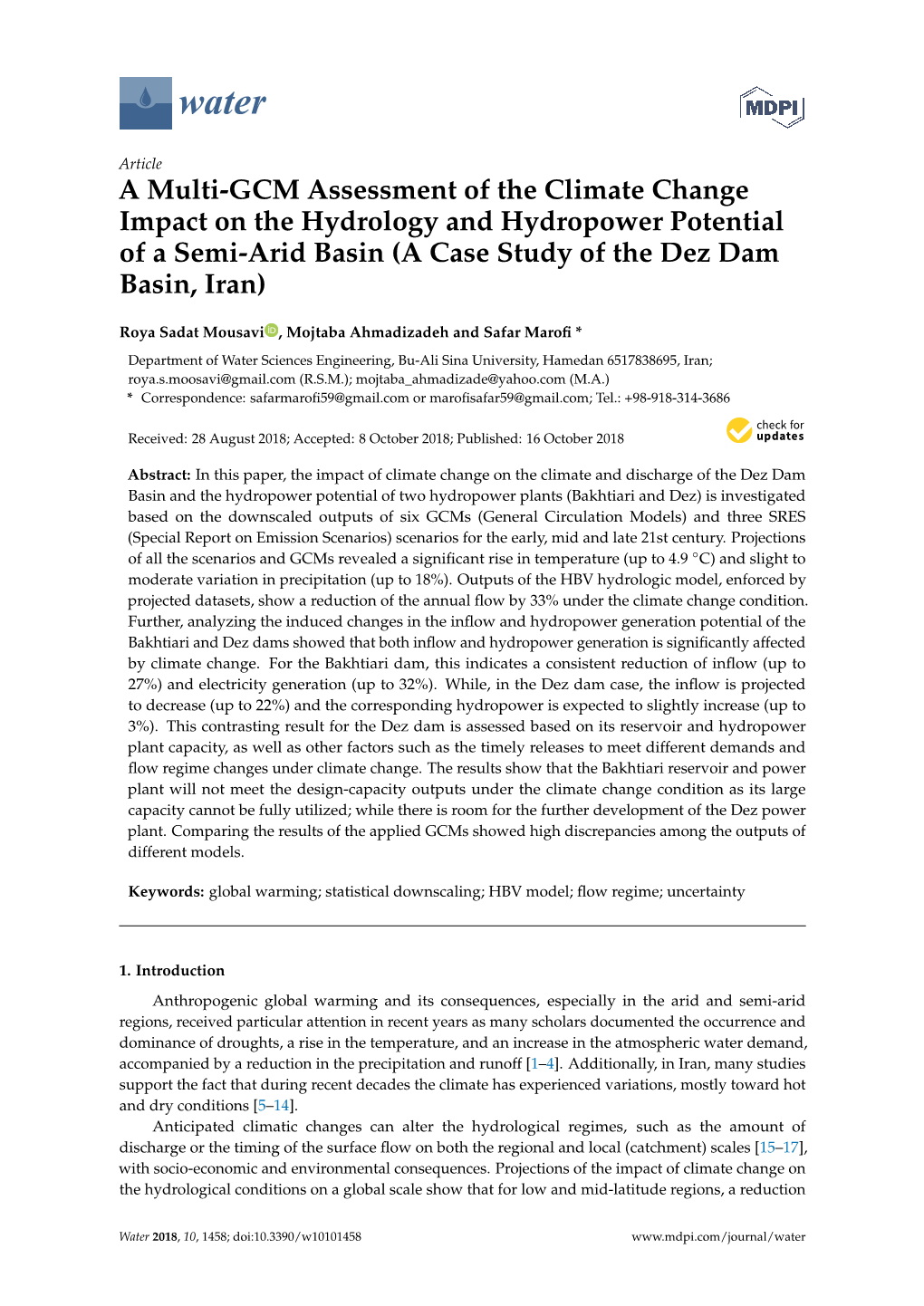 A Multi-GCM Assessment of the Climate Change Impact on the Hydrology and Hydropower Potential of a Semi-Arid Basin (A Case Study of the Dez Dam Basin, Iran)