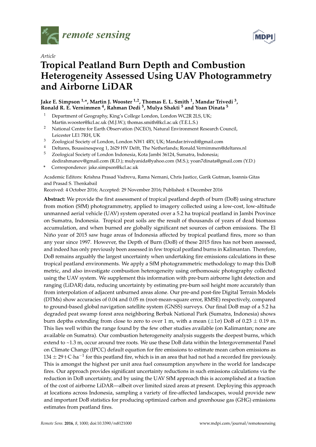 Tropical Peatland Burn Depth and Combustion Heterogeneity Assessed Using UAV Photogrammetry and Airborne Lidar