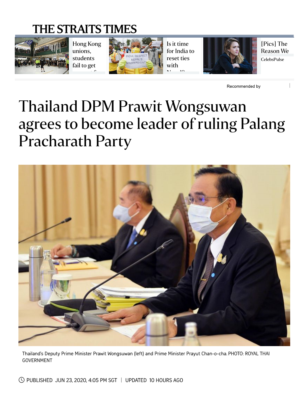 Thailand DPM Prawit Wongsuwan Agrees to Become Leader of Ruling Palang Pracharath Party