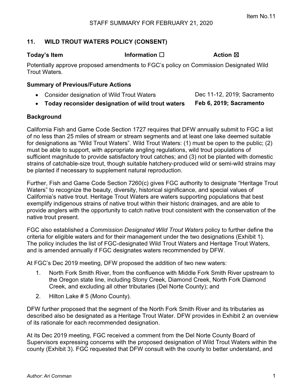 Commission Designated Wild Trout Waters Policy to Further Define the Criteria for Eligible Waters and for Their Management Under the Two Designations (Exhibit 1)