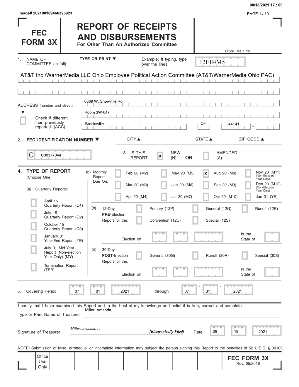 Fec Form 3X Report of Receipts and Disbursements