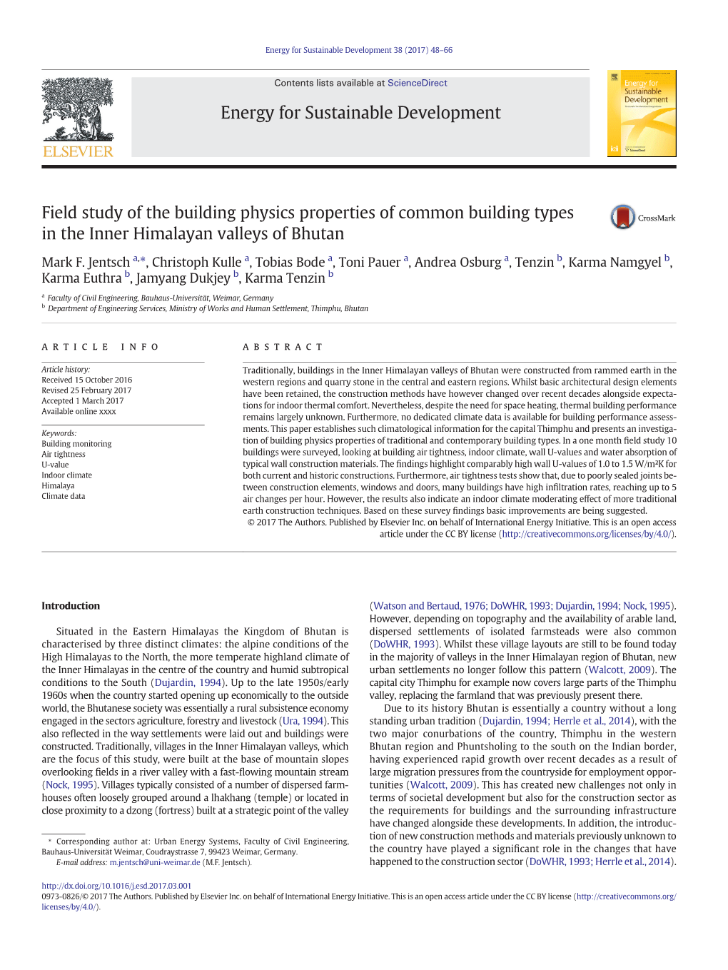 Field Study of the Building Physics Properties of Common Building Types in the Inner Himalayan Valleys of Bhutan