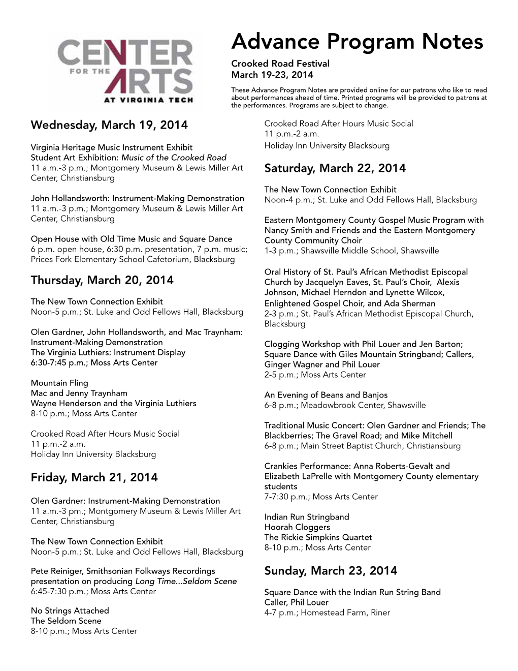 Advance Program Notes Crooked Road Festival March 19-23, 2014