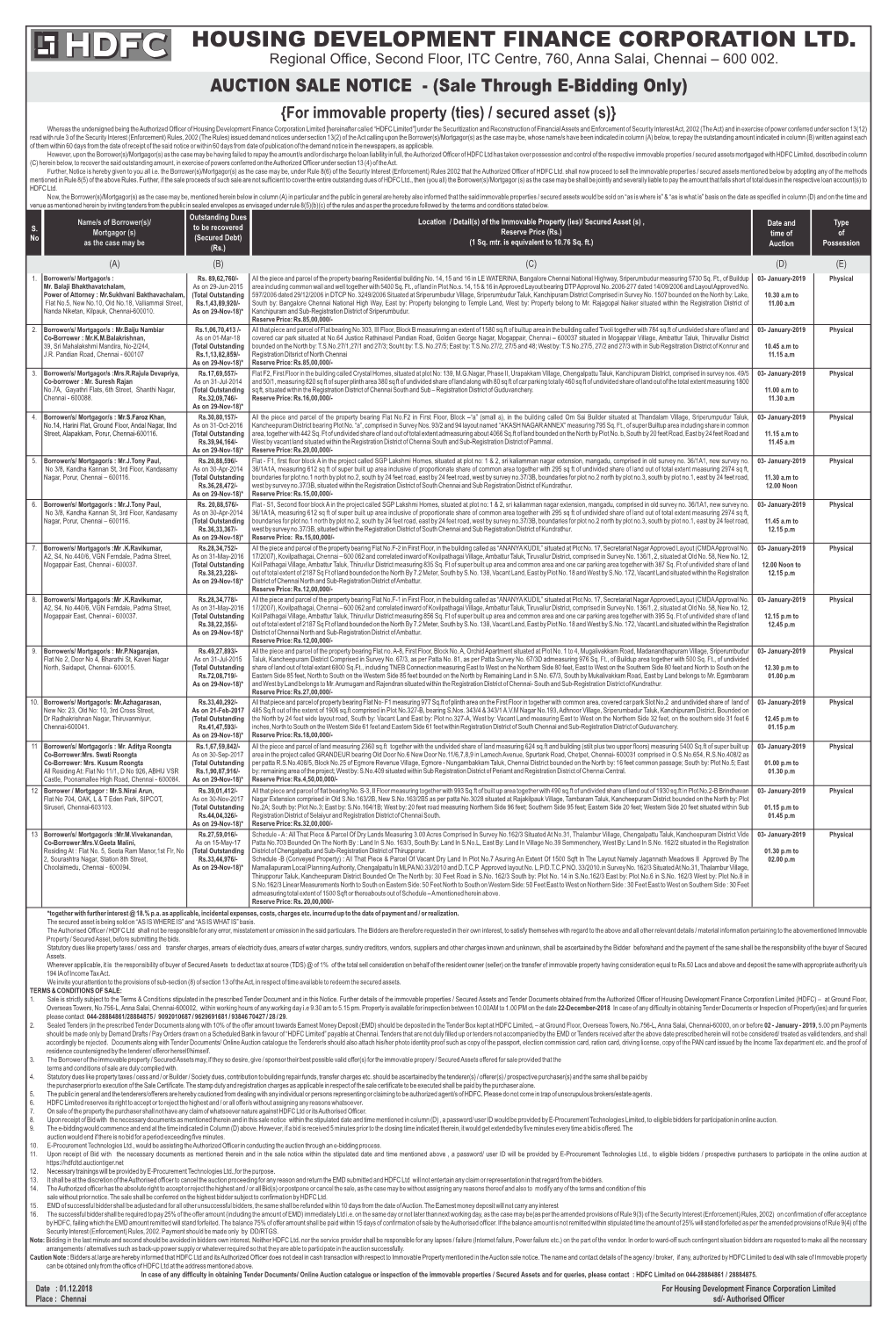 HOUSING DEVELOPMENT FINANCE CORPORATION LTD. Regional Office, Second Floor, ITC Centre, 760, Anna Salai, Chennai – 600 002