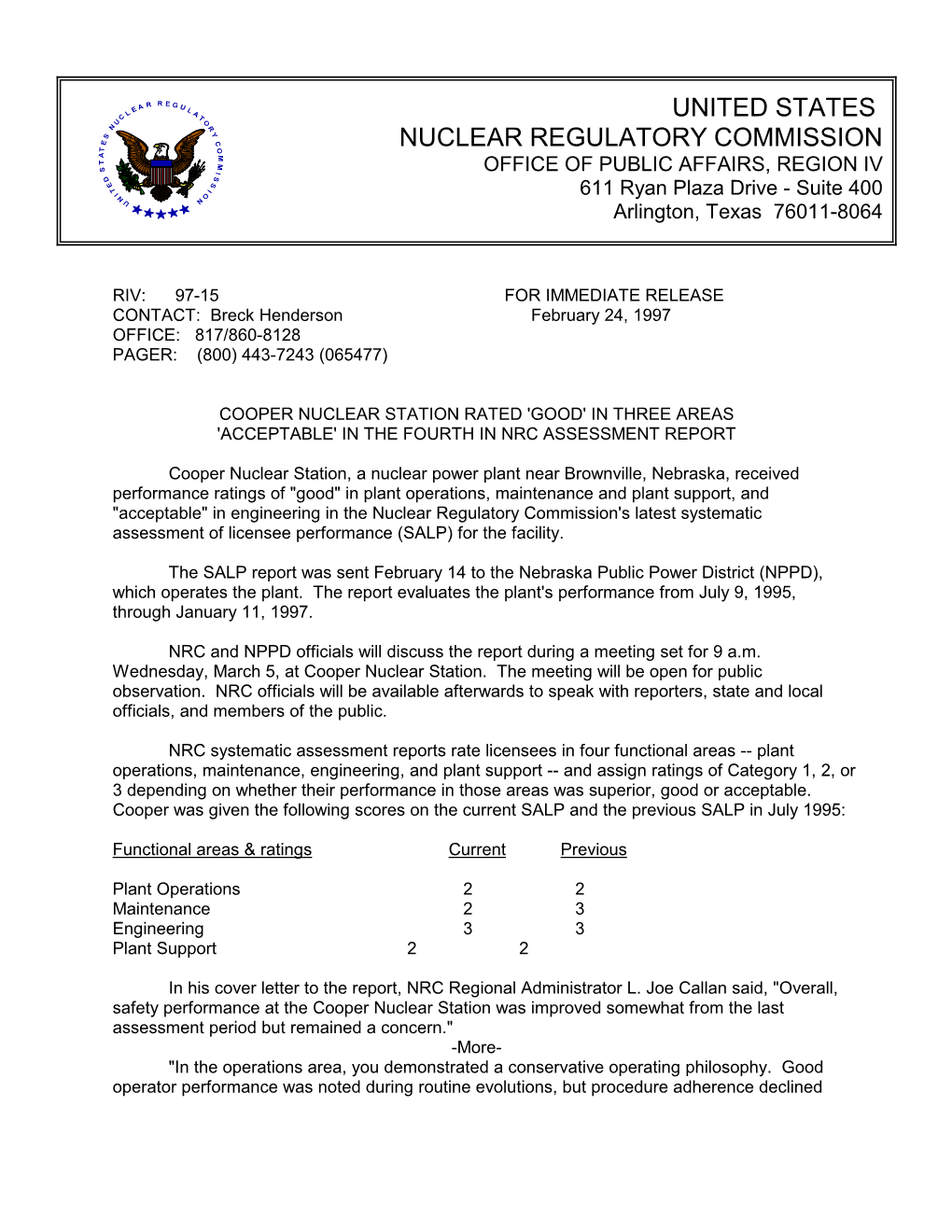 Press Release-IV-97-015 COOPER NUCLEAR STATION RATED