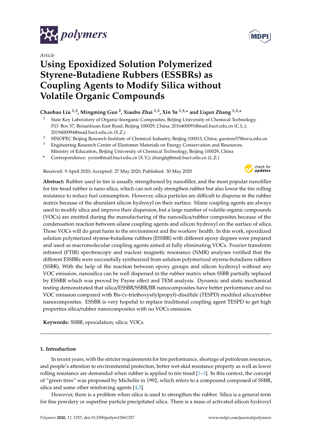 Using Epoxidized Solution Polymerized Styrene-Butadiene Rubbers (Essbrs) As Coupling Agents to Modify Silica Without Volatile Organic Compounds