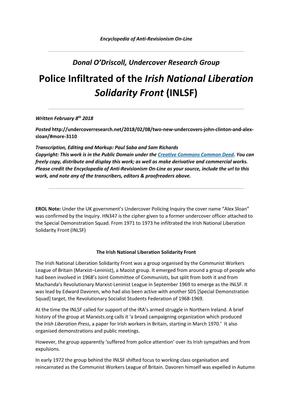 Police Infiltrated of the Irish National Liberation Solidarity Front (INLSF)