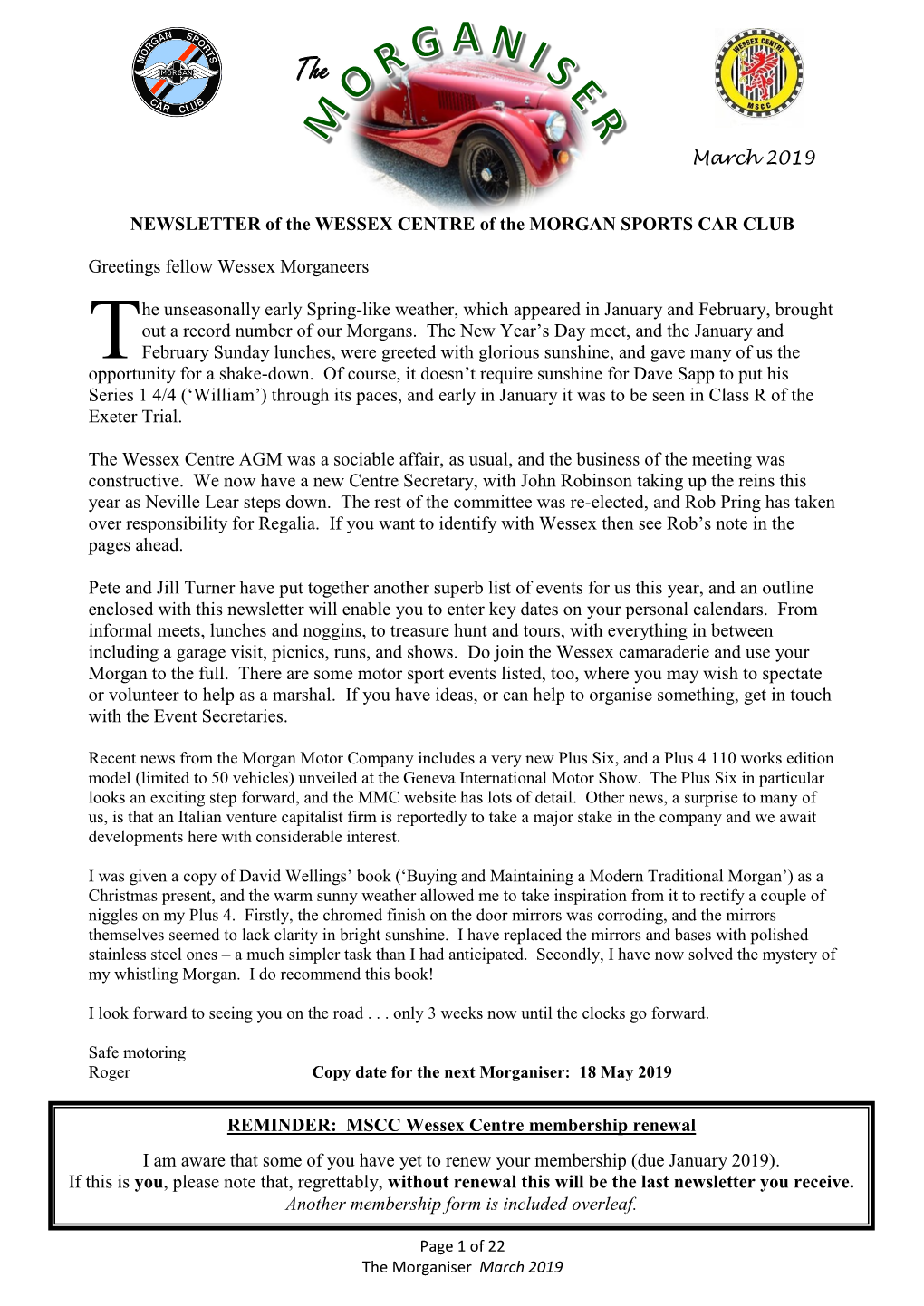 March 2019 NEWSLETTER of the WESSEX CENTRE of the MORGAN