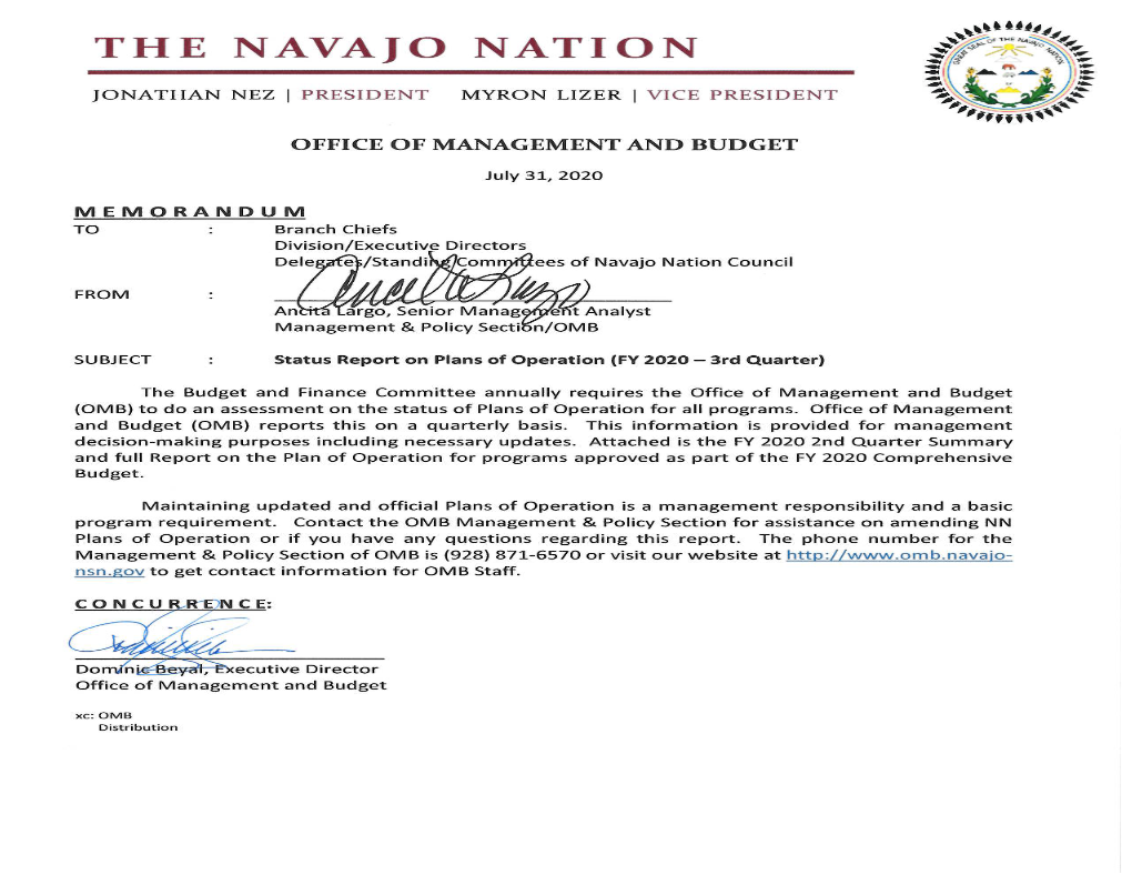 PLANS of OPERATION STATUS REPORT 3Rd Quarter - FY'2020 by Office of Management and Budget