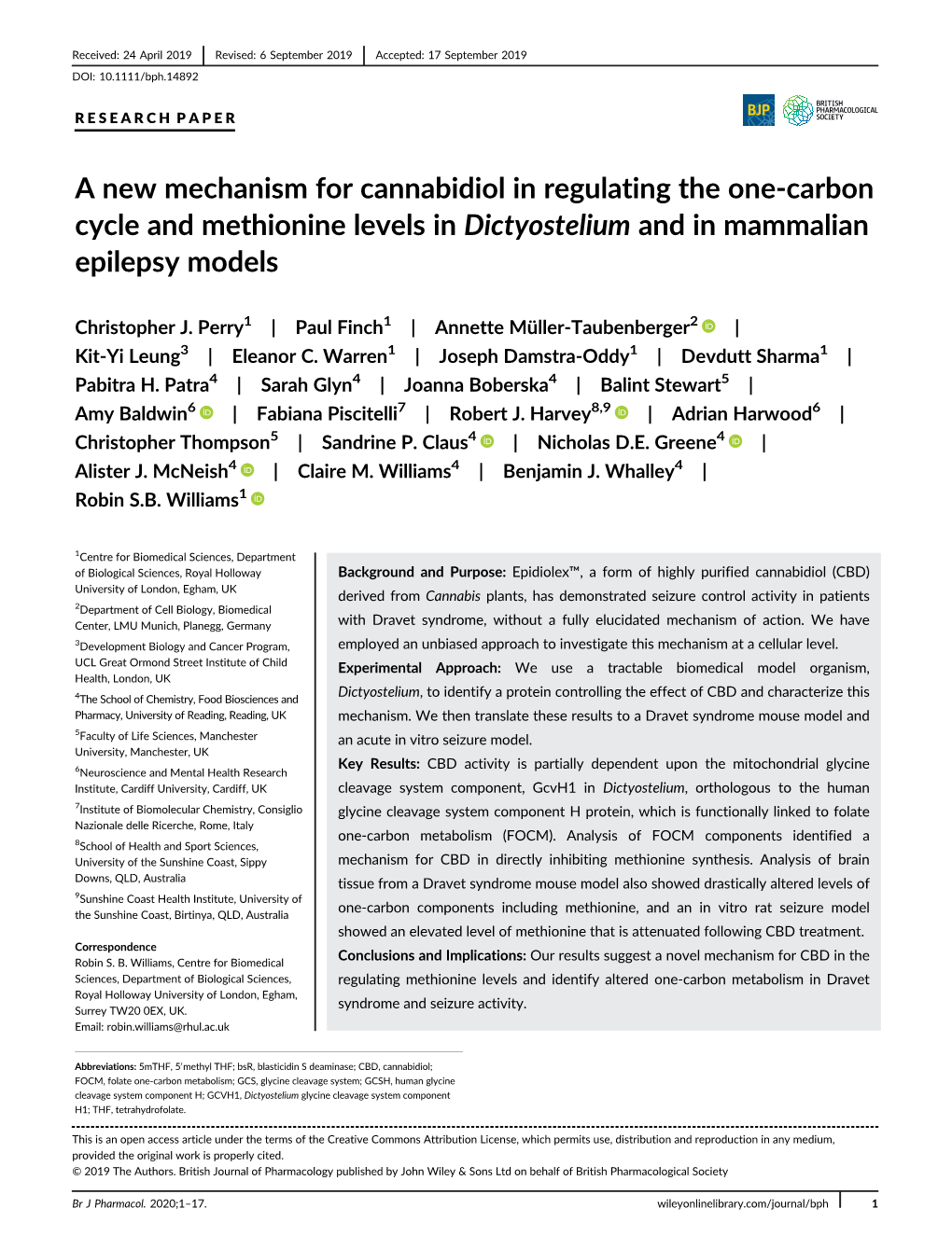 A New Mechanism for Cannabidiol in Regulating the One‐Carbon Cycle and Methionine Levels in Dictyostelium and in Mammalian