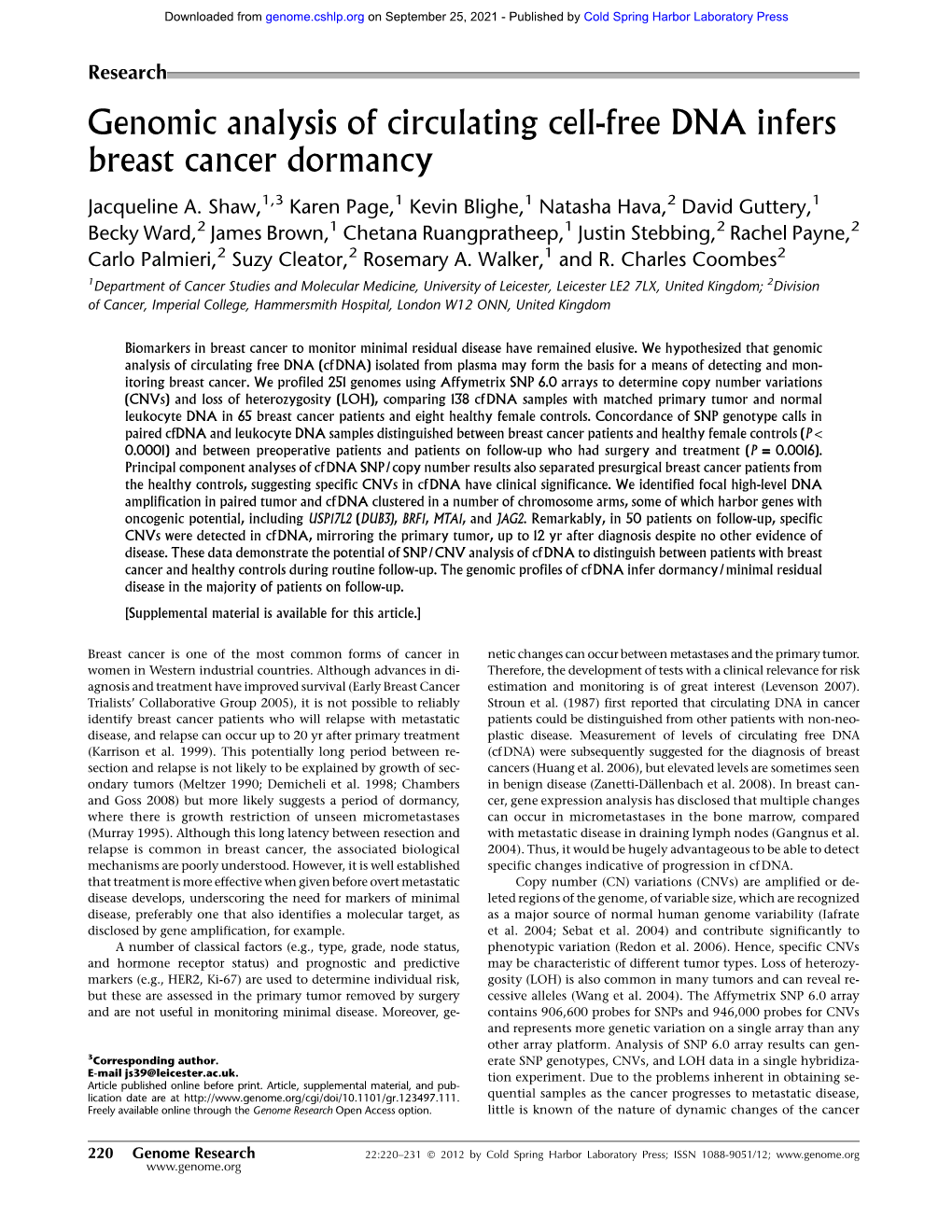 Genomic Analysis of Circulating Cell-Free DNA Infers Breast Cancer Dormancy