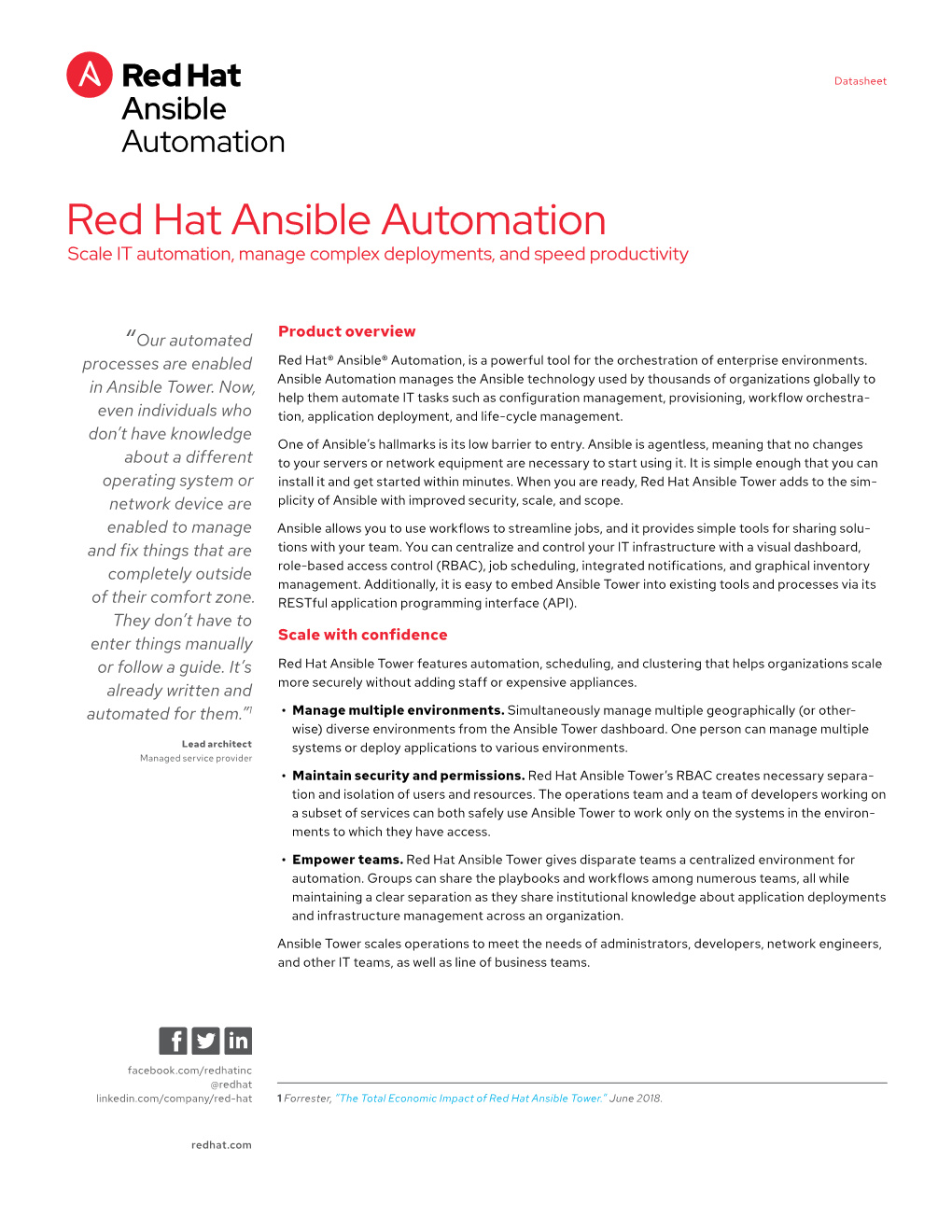 Red Hat Ansible Automation Scale IT Automation, Manage Complex Deployments, and Speed Productivity