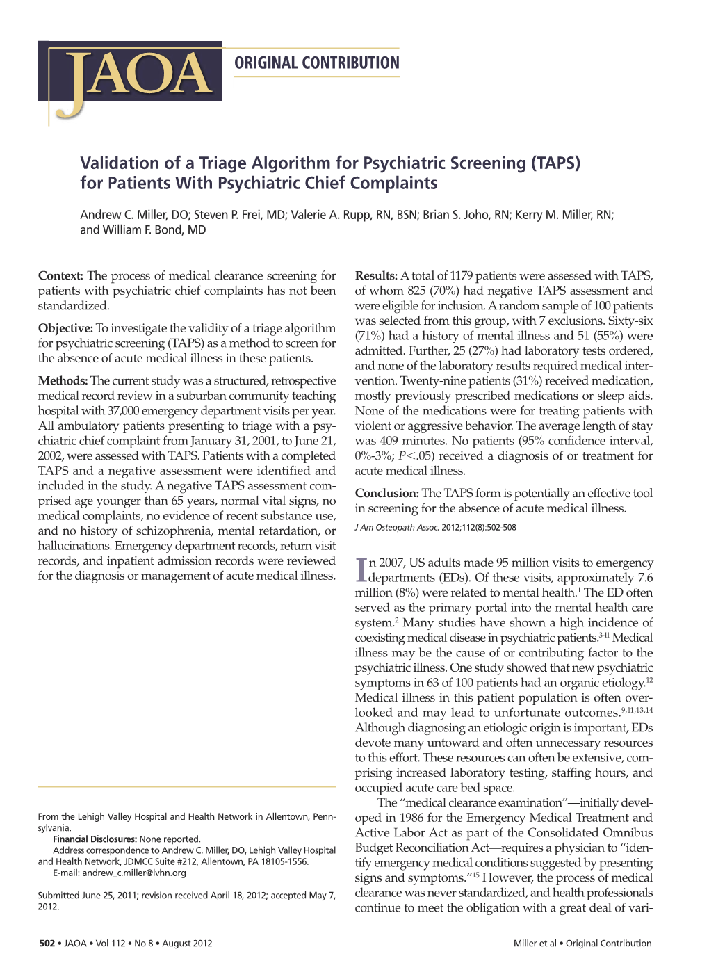 Validation of a Triage Algorithm for Psychiatric Screening (TAPS) for Patients with Psychiatric Chief Complaints