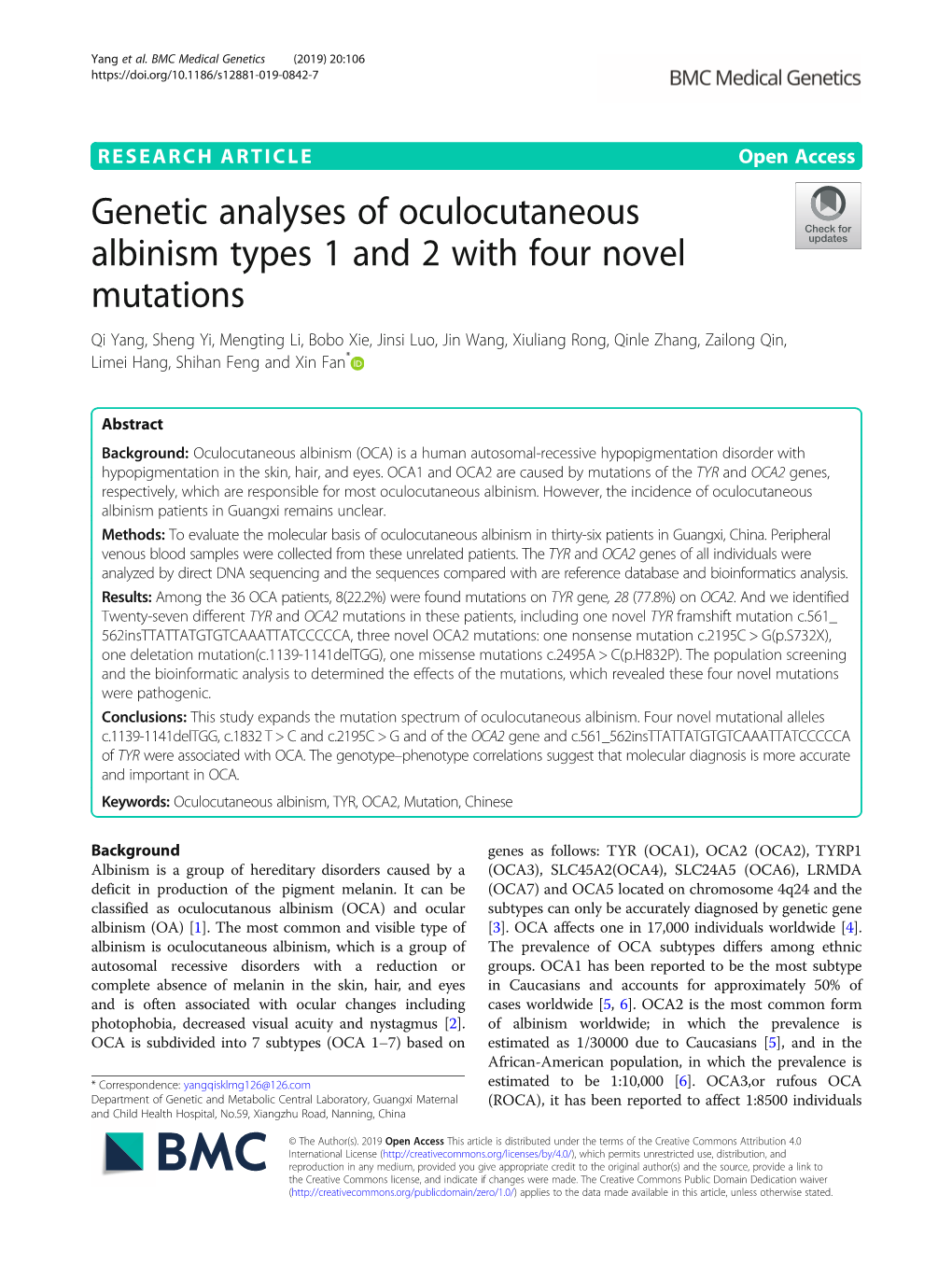 Genetic Analyses of Oculocutaneous Albinism Types 1 and 2 with Four