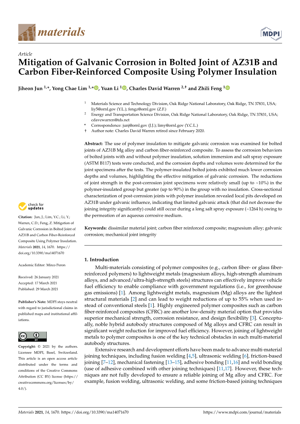 Mitigation of Galvanic Corrosion in Bolted Joint of AZ31B and Carbon Fiber-Reinforced Composite Using Polymer Insulation