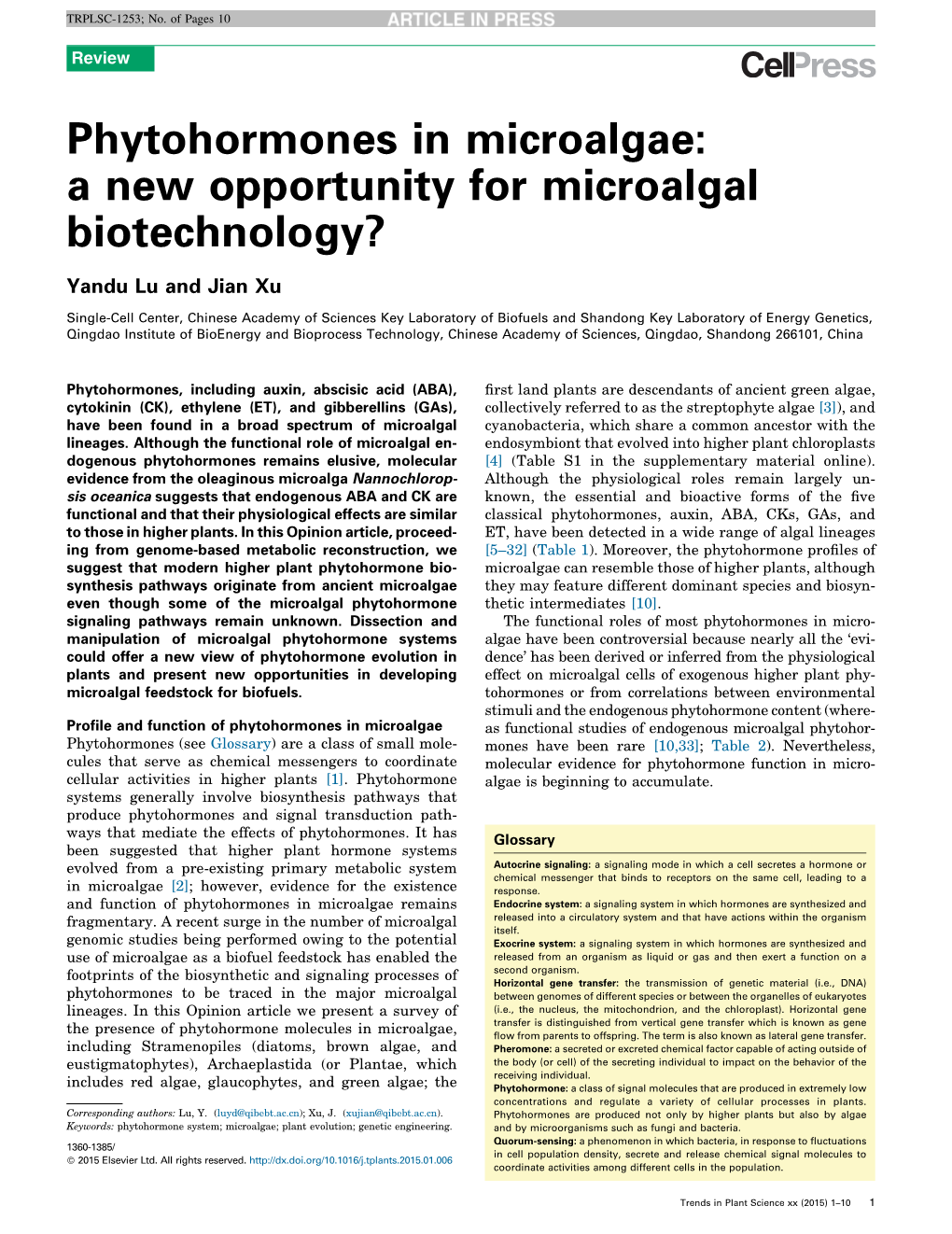 Phytohormones in Microalgae: a New Opportunity for Microalgal