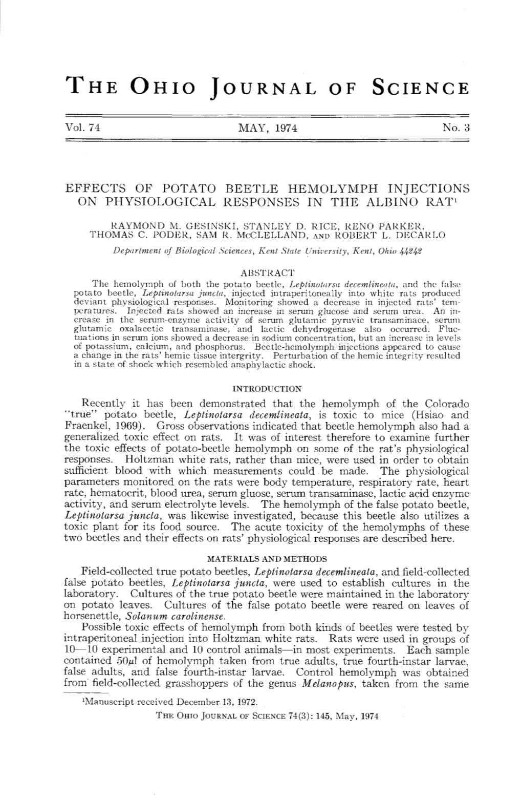 Effects of Potato Beetle Hemolymph Injections on Physiological Responses in the Albino Rat1